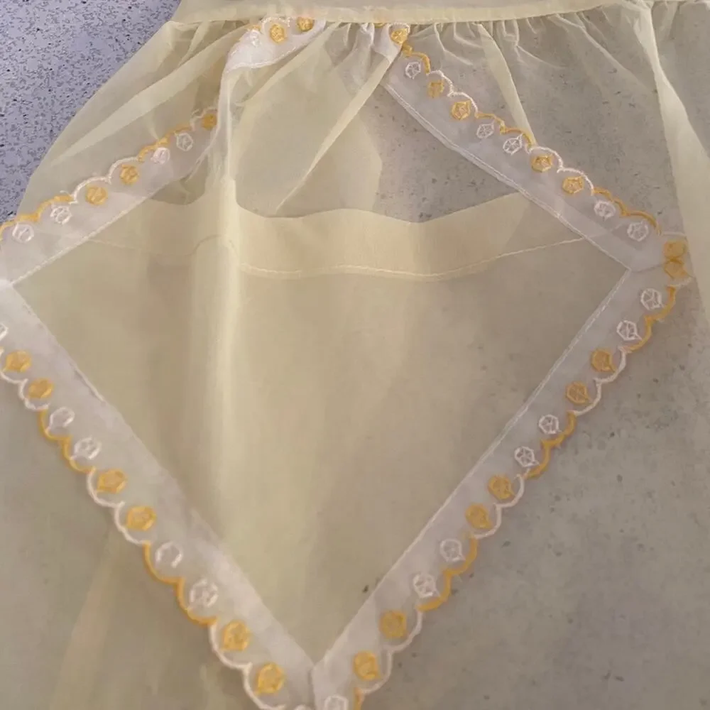Vintage yellow organza half apron mid century lace trim pocket 50's homemaker
